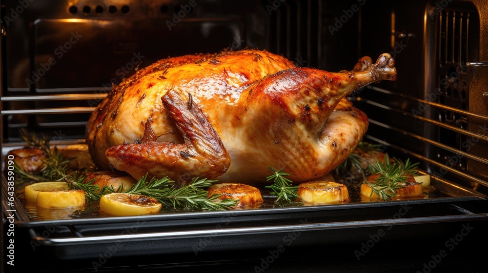 Naklejka premium Roasted whole chicken in the oven