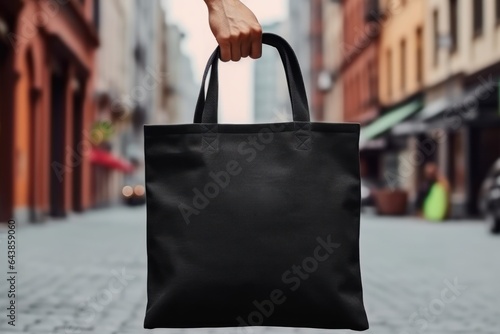 Hand holding black cotton tote bag mockup on a wall background. photo