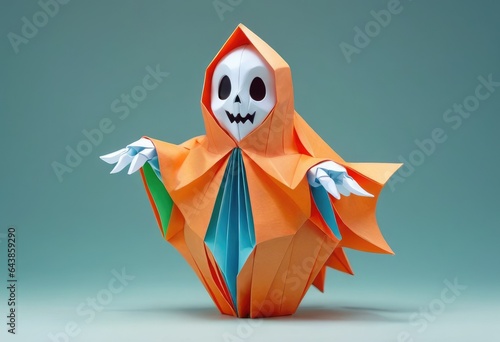 A paper colorful ghost on a blue and orange gradient background