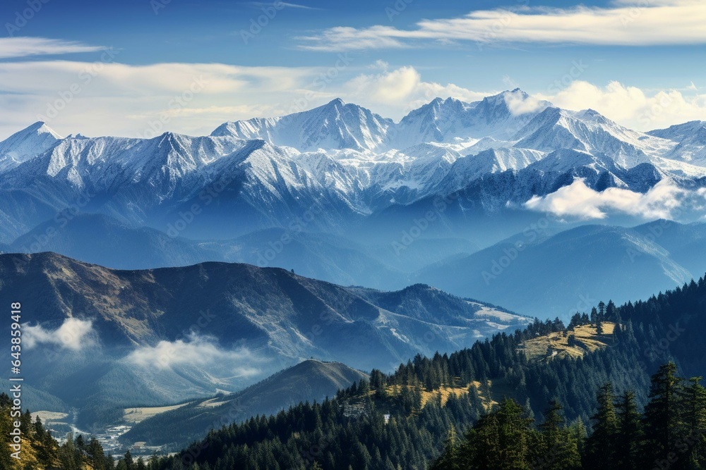 a wide vista showcasing the majestic Tatras mountain range. Generative AI