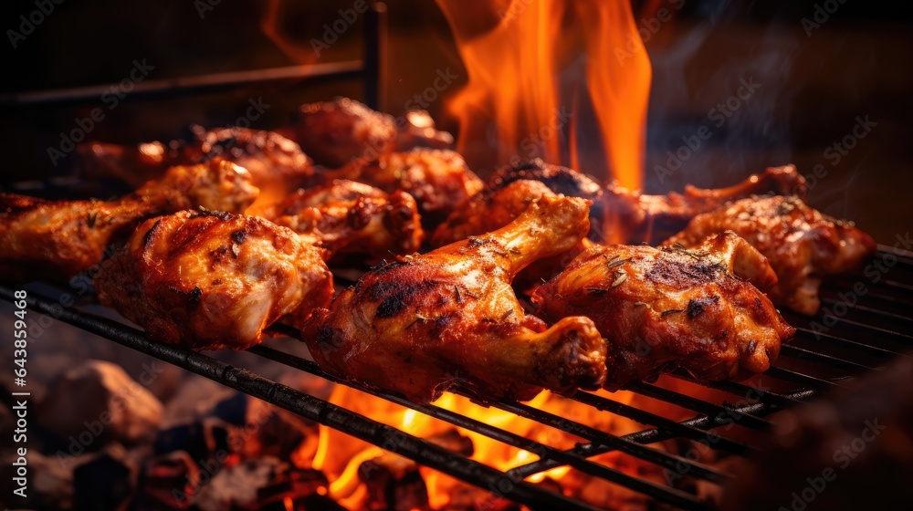 Roasted chicken legs on the grill with flames and smoke, close up