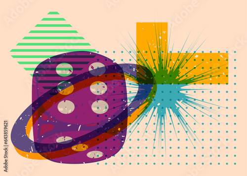 Dice with colorful geometric shapes. Object in trendy riso graph design. Geometry elements abstract risograph print texture style.