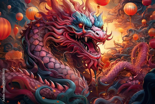 dragon image with oriental lanterns  in the style of hyper realistic illustrations  chinese new year 2024