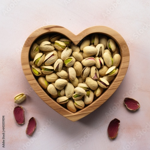 Heart shaped bowl full of mixed nuts including cashew, pistachios, almonds and peanuts on wooden background