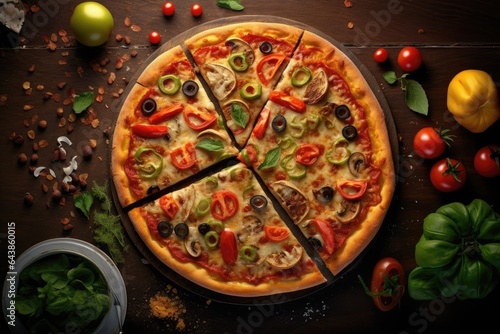 Pizza on a wooden background. Top view with copy space.