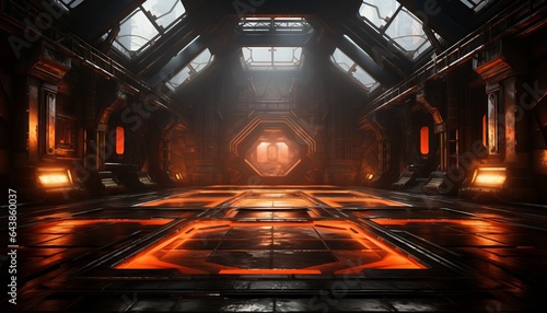 sci fi studio stage set in a dark, cyberpunk garage.polished concrete tiled floor in vivid orange