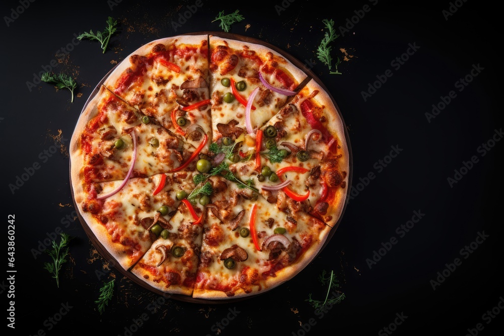 Pizza on a wooden background. Top view with copy space.