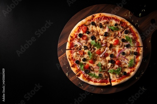 Pizza on a wooden background. Top view with copy space.