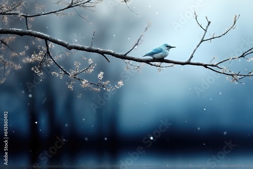 A charming background image for creative content in the New Year, featuring a blue bird perched on a branch with a softly blurred background. Photorealistic illustration, Generative AI