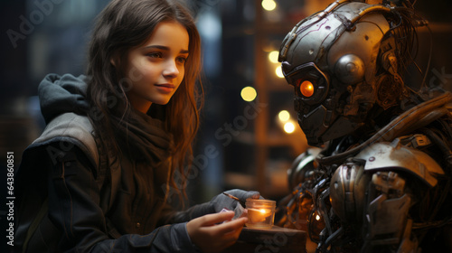 Girl talking with a robot