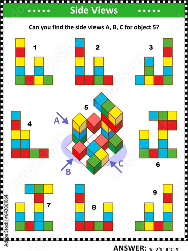 Educational math puzzle with building blocks: Can you find the side views A, B, C for object 5? Answer included.
