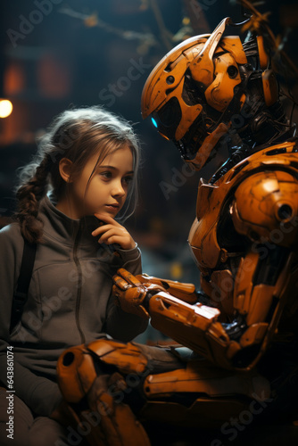 Girl talking with a robot