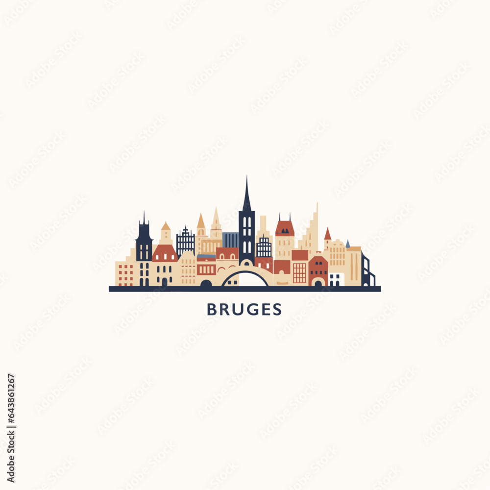 Naklejka premium Belgium Bruges cityscape skyline city panorama vector flat modern logo icon. West Flanders region emblem idea with landmarks and building silhouettes, isolated black and white clipart