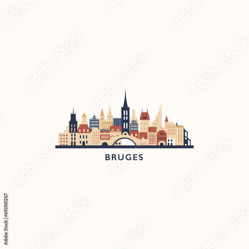 Belgium Bruges cityscape skyline city panorama vector flat modern logo icon. West Flanders region emblem idea with landmarks and building silhouettes, isolated black and white clipart