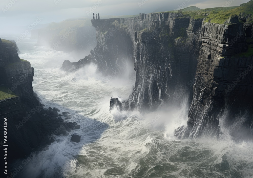 Aerial view of rocky coastline. Waves hitting in rocks. Birds eye view of the sea, cinimatic sea and moutain view. AI Generative.