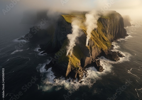 Aerial view of rocky coastline. Waves hitting in rocks. Birds eye view of the sea, cinimatic sea and moutain view. AI Generative. photo