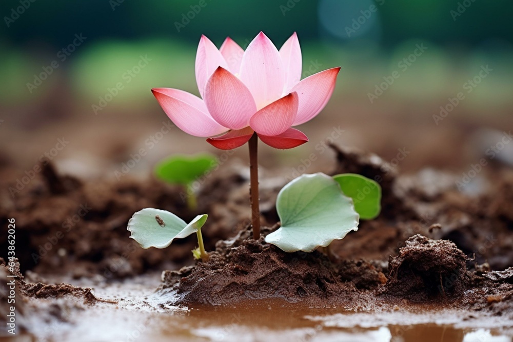 Lotus flower emerges from mud, symbolizing perseverance and strength