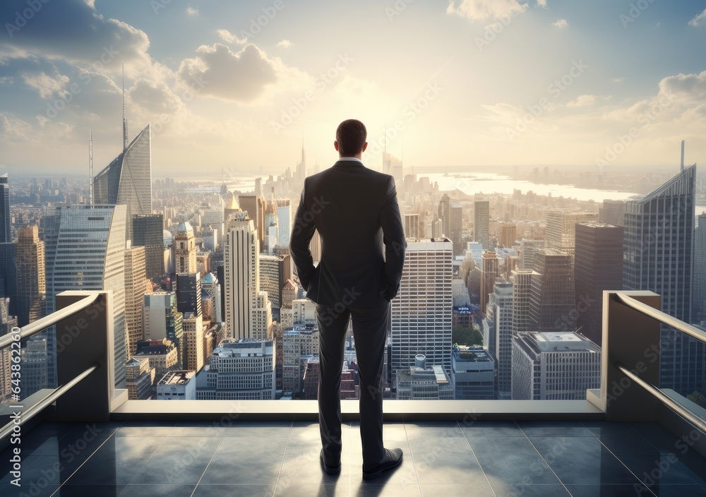 Business and Successful concept, Young successful business man with city background. looking forward to city building. AI Generative. Business and Successful concept, Young successful business man with city background. looking forward to city building. AI Generative.