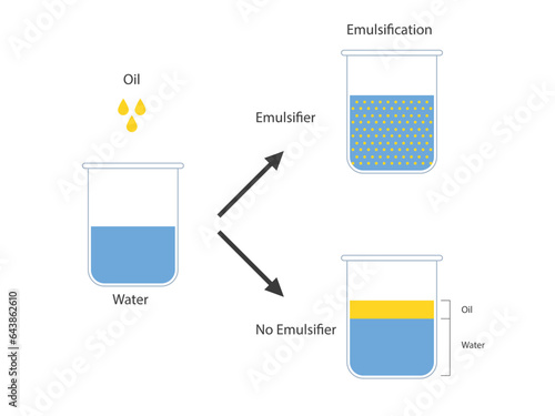 Emulsion, a mixture of two immiscible liquids in beakers, Emulsion oil in water, Immiscible liquids
