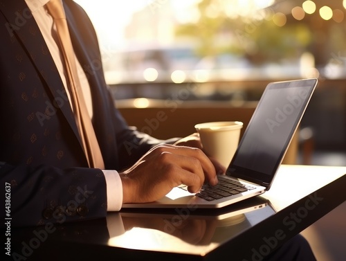 closeup with hand of businessman using laptop, with out door cafe, chilling, technology concept. AI Generative.