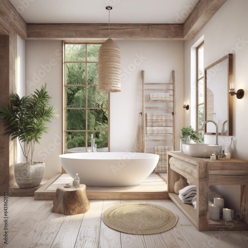 A bohemian or minimal style bathroom with light wood furniture. make the room look bright and decorations in white or cream tones.