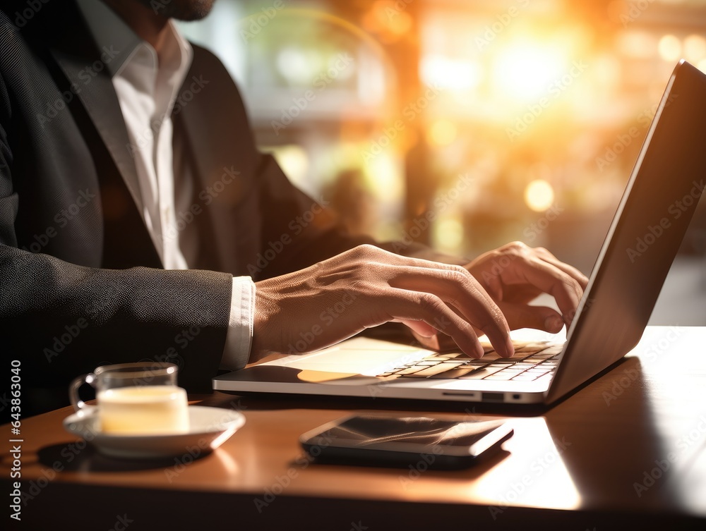closeup with hand of businessman using laptop, with out door cafe, chilling, technology concept. AI Generative. closeup with hand of businessman using laptop, with out door cafe, chilling, technology concept. AI Generative.