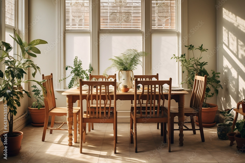 Serenity in Simplicity: Dining Room with Wooden Table, Potted Plants, and Three Windows