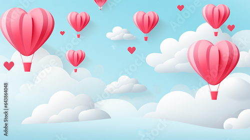 paper cut happy valentine's day concept. landscape with cloud and heart shape hot air balloons flying on blue sky background paper art style.