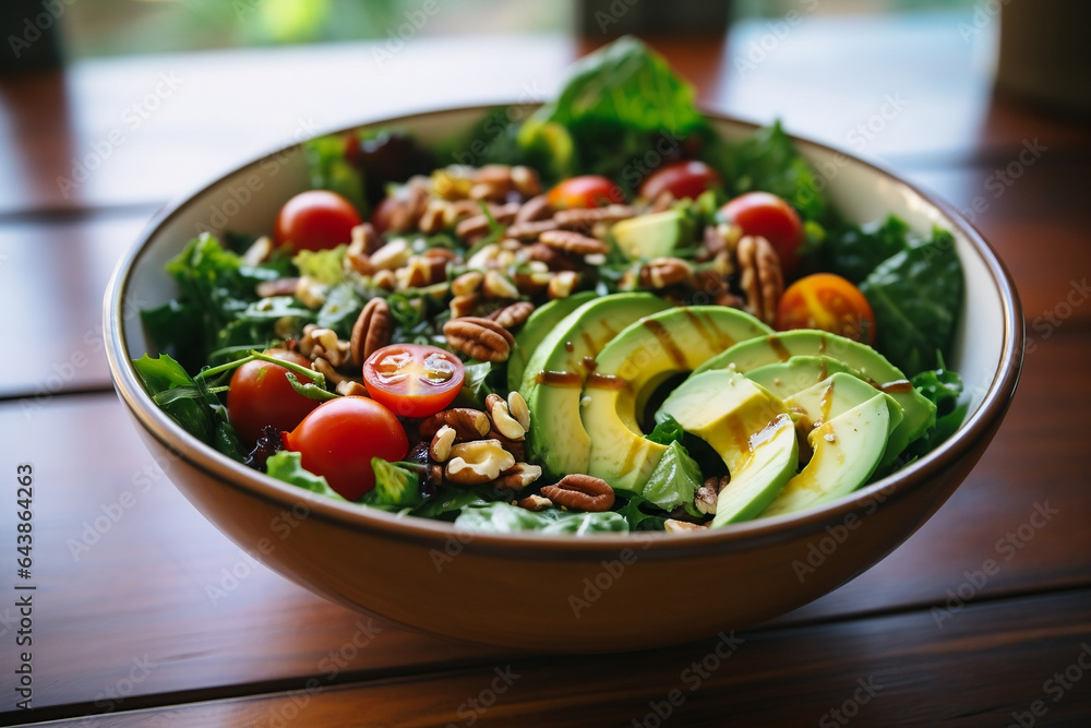 Fresh and Vibrant: Salad Bowl with Mixed Greens, Avocado Slices, Cherry Tomatoes, and Nuts