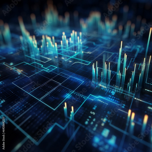 Futuristic Financial Insight: Close-Up of Stock Market Chart with Node and Grid Patterns in Dark Blue Shades