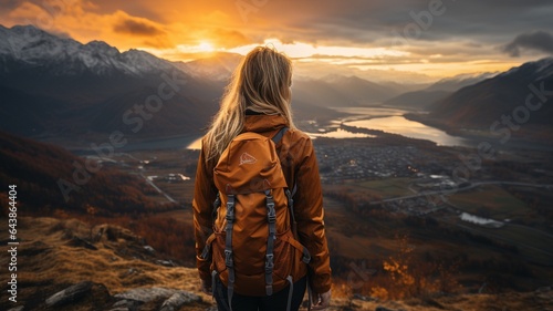 On the summit of the mountain  a young woman tourist enjoying the sunset. A traveler against a mountainous backdrop..