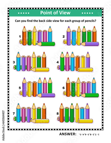Visual puzzle with colored pencils for brain workout or just for fun relax. Find the back side view for each group of pencils. Answer included.
