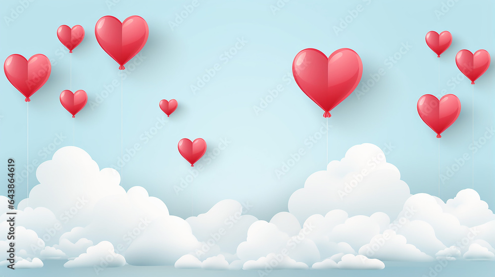 Valentine Day banner with heart flying elements. Valentine day heart in paper cut style.