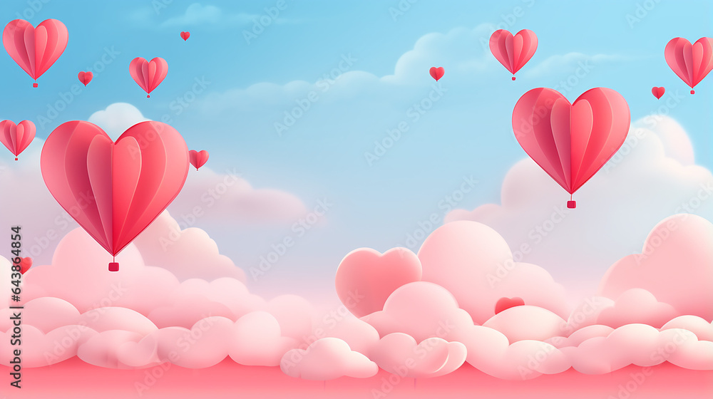 Valentines day sale background with heart balloons and clouds