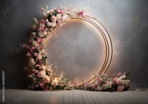 floral hoop digital backdrops. shoot set up with prop Flower and wood backdrop. AI Generative.