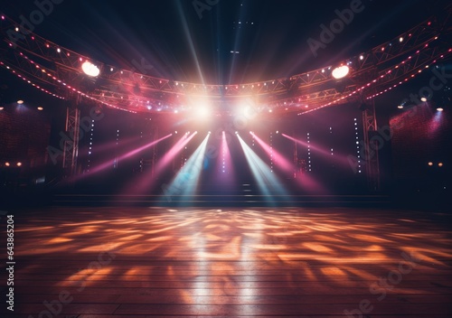 Free stage with lights, lighting devices, Shining spotlights and empty scene. Online event entertainment concept. Background for online concert. AI Generative.