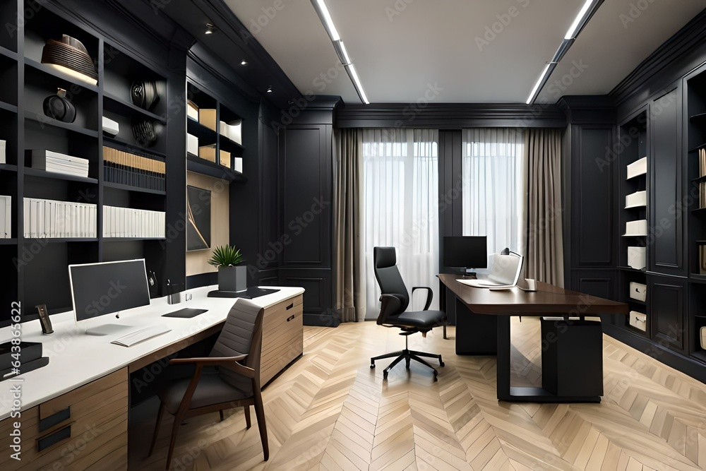 Luxury design of CEO office interior with original office desk, empty canvas, stylish black shelves, wood floor and parquet floor. Mock up. Concept of working place. 3d rendering Luxury design of CEO office interior with original office desk, empty canvas, stylish black shelves, wood floor and parquet floor. Mock up. Concept of working place. 3d rendering