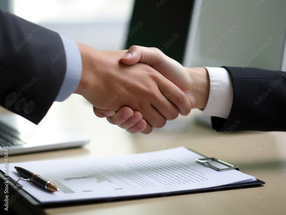 Two Businesspeople shaking hands with document background. businessmen are agreeing on business together and shaking hands after a successful negotiation. AI Generative. Two Businesspeople shaking hands with document background. businessmen are agreeing on business together and shaking hands after a successful negotiation. AI Generative.