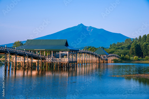 Tsuru no mai hashi bridge and Mt. Iwaki, Japan,Aomori Prefecture,Kitatsugaru District, Aomori,Tsuruta, Aomori