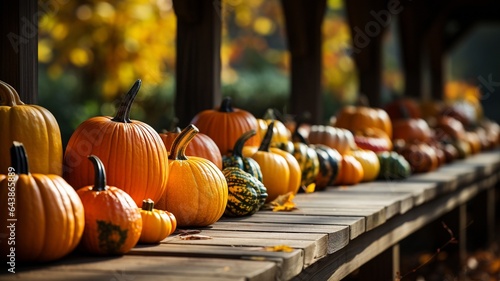 Fallen leaves and colorful pumpkins on a wooden veranda..