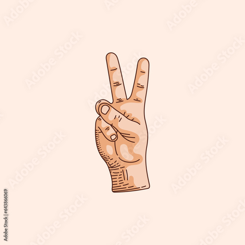 V letter logo in a deaf-mute hand gesture alphabet. Hand drawn vector illustration isolated on brown background.