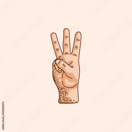 W letter logo in a deaf-mute hand gesture alphabet. Hand drawn vector illustration isolated on brown background.