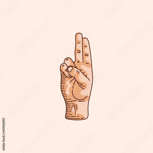 U letter logo in a deaf-mute hand gesture alphabet. Hand drawn vector illustration isolated on brown background.