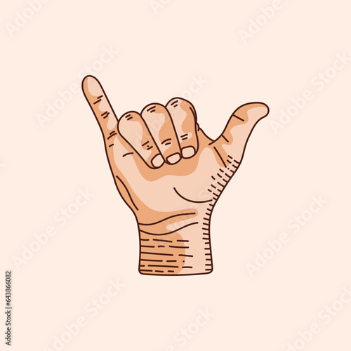 Y letter logo in a deaf-mute hand gesture alphabet. Hand drawn vector illustration isolated on brown background.