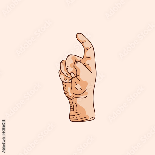 X letter logo in a deaf-mute hand gesture alphabet. Hand drawn vector illustration isolated on brown background.