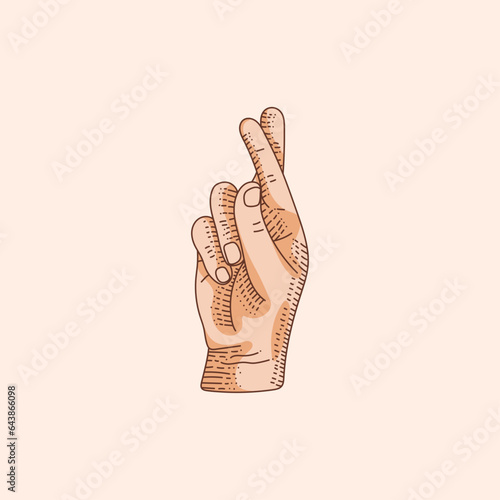 Gesture. Lucky sign. Stylized hand with two fingers crossed. Middle finger in the front. Icon. Vector illustration on a brown background. Making promise signal by hand. skin brown silhouette.