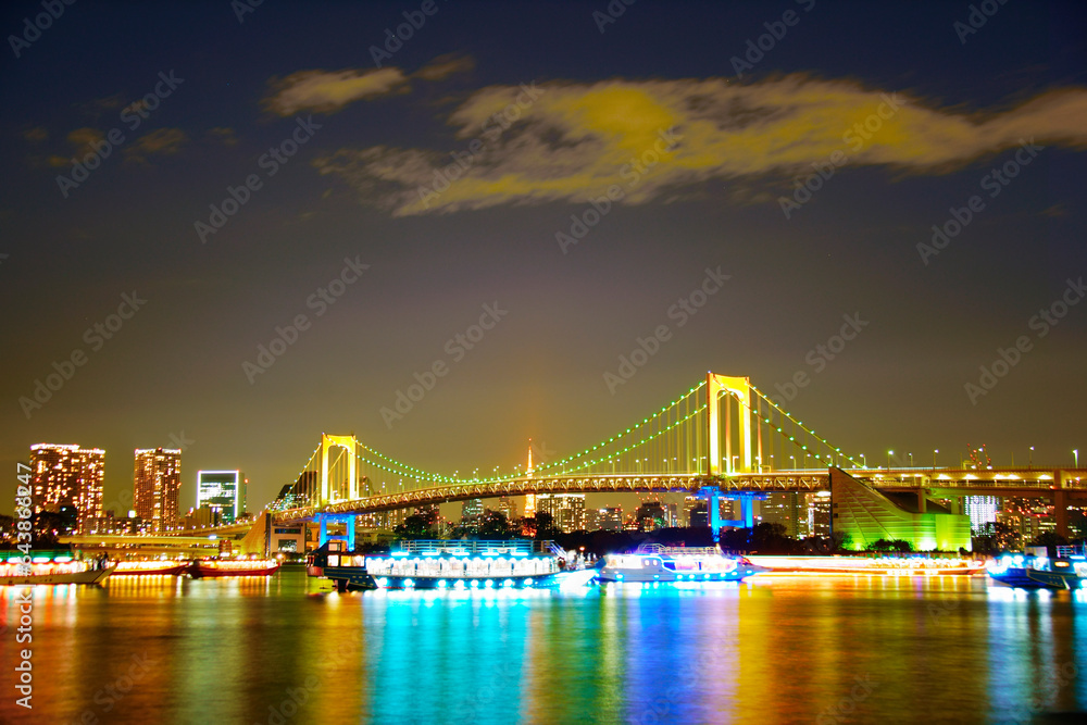 Rainbow-colored Rainbow Bridge, Tokyo Tower and houseboat, Kanto,Tokyo,Minato,Japan Rainbow-colored Rainbow Bridge, Tokyo Tower and houseboat, Kanto,Tokyo,Minato,Japan