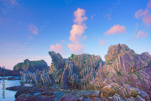 Turbidite layer and morning glow clouds, Shikoku,Kochi Prefecture,Muroto, Kochi,Japan photo