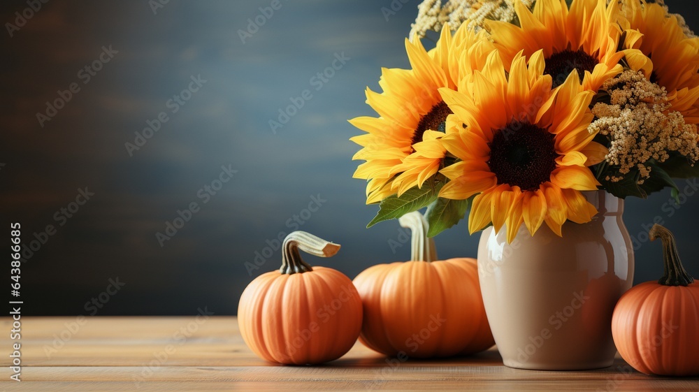 Harvest celebration. Concept of a happy Thanksgiving day. On the table, a colorful sunflower and pumpkin. Text copy area on a peach.. Harvest celebration. Concept of a happy Thanksgiving day. On the table, a colorful sunflower and pumpkin. Text copy area on a peach..
