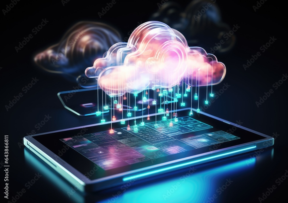neon light showing cloud computing on tablet computer. neon light showing cloud computing on tablet computer. AI Generative. neon light showing cloud computing on tablet computer. neon light showing cloud computing on tablet computer. AI Generative.